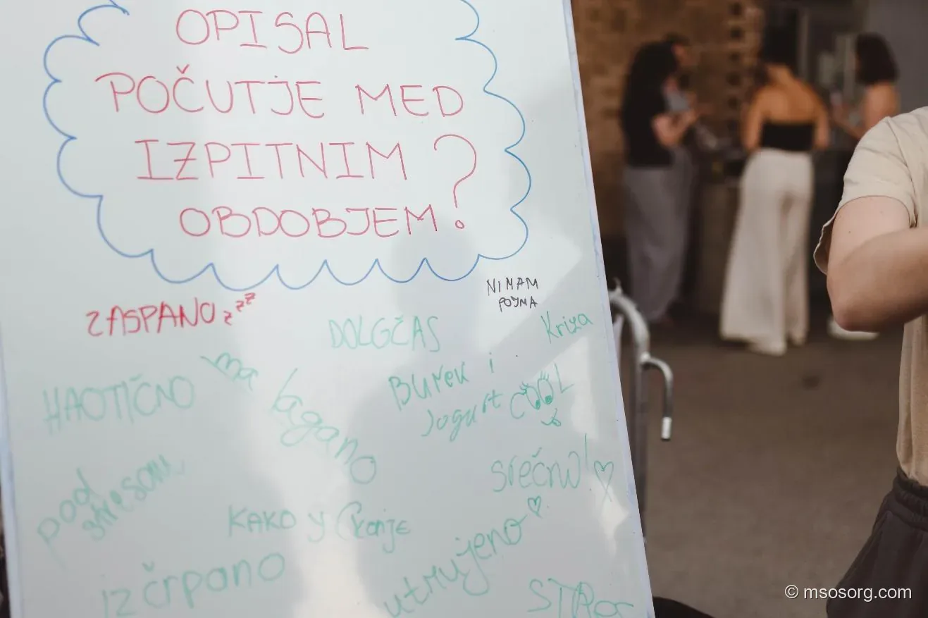 Табла со рачно напишани одговори од студенти за нивните чувства за време на испитниот рок.